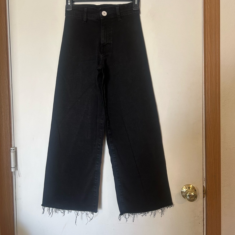 Zara Black Wide Leg Frayed Hem Kids Jeans Size 9 Adjustable Waist